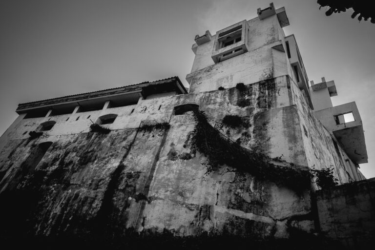 Bâtiment abandonné reconquis par la végétation, vu en contre-plongée, photo de Ka.O